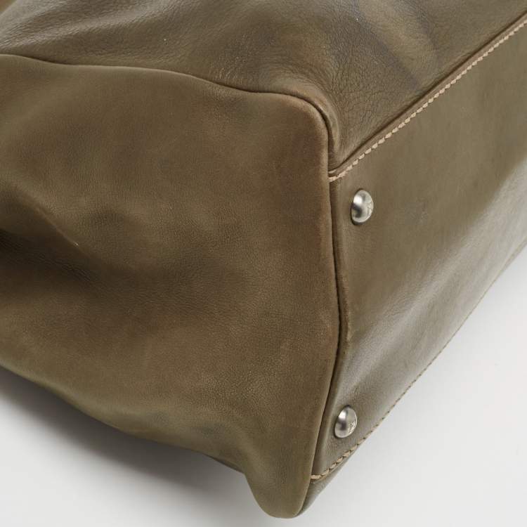 Pre Owned Fendi Olive Green/Beige Selleria Leather Large Peekaboo Top Handle Bag