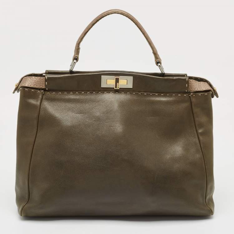 Pre Owned Fendi Olive Green/Beige Selleria Leather Large Peekaboo Top Handle Bag