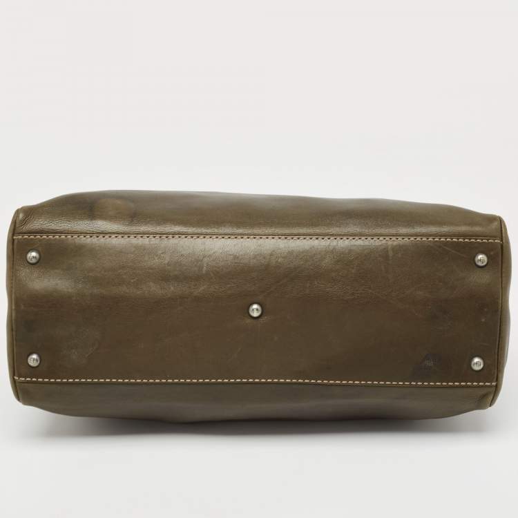 Pre Owned Fendi Olive Green/Beige Selleria Leather Large Peekaboo Top Handle Bag