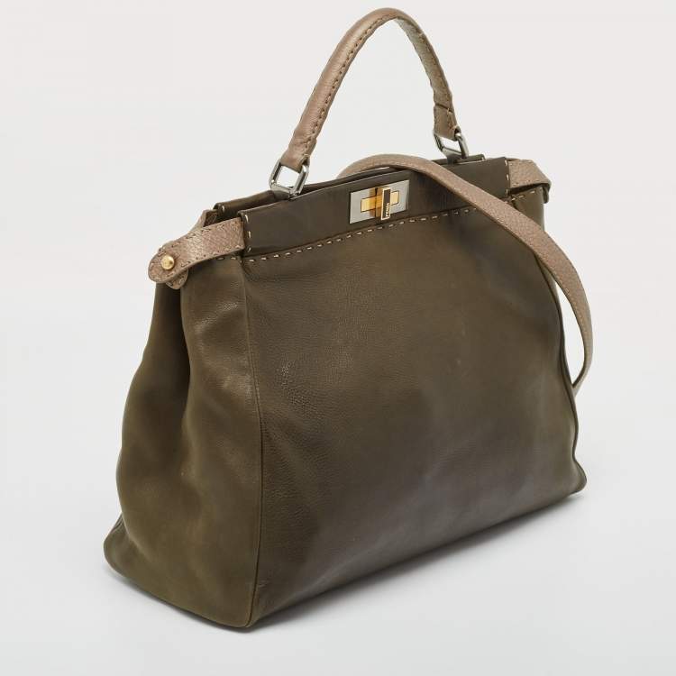 Pre Owned Fendi Olive Green/Beige Selleria Leather Large Peekaboo Top Handle Bag