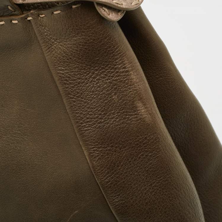 Pre Owned Fendi Olive Green/Beige Selleria Leather Large Peekaboo Top Handle Bag