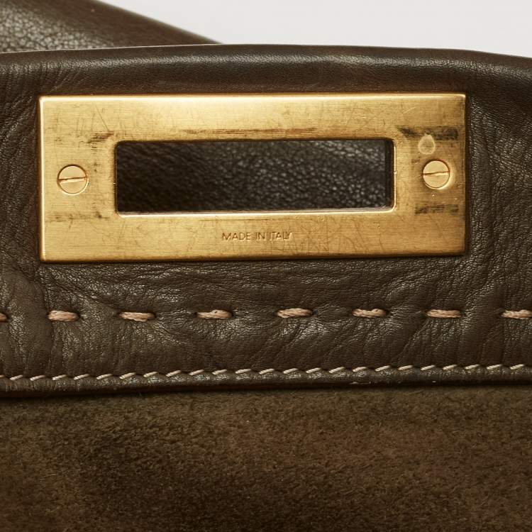 Pre Owned Fendi Olive Green/Beige Selleria Leather Large Peekaboo Top Handle Bag