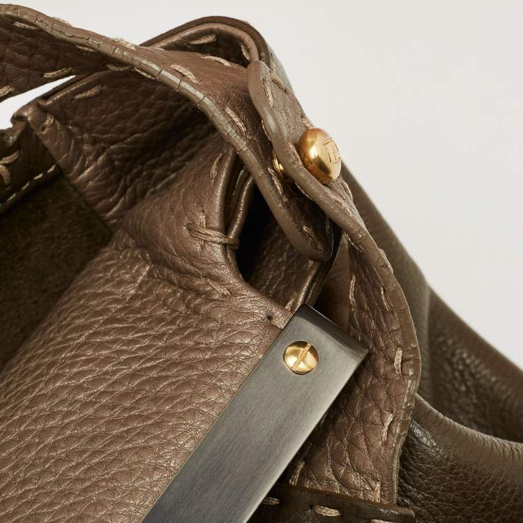 Pre Owned Fendi Olive Green/Beige Selleria Leather Large Peekaboo Top Handle Bag
