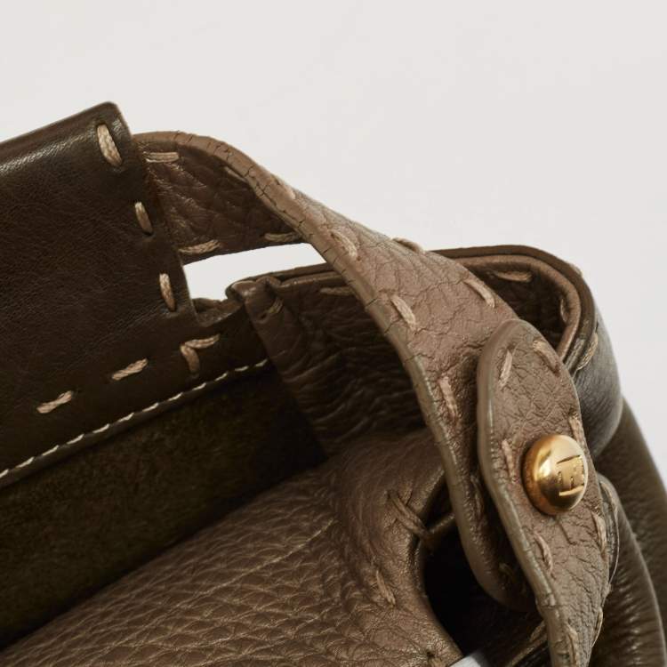 Pre Owned Fendi Olive Green/Beige Selleria Leather Large Peekaboo Top Handle Bag
