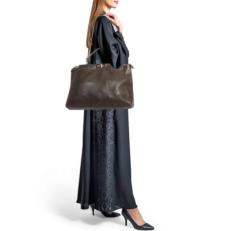 Pre Owned Fendi Olive Green/Beige Selleria Leather Large Peekaboo Top Handle Bag