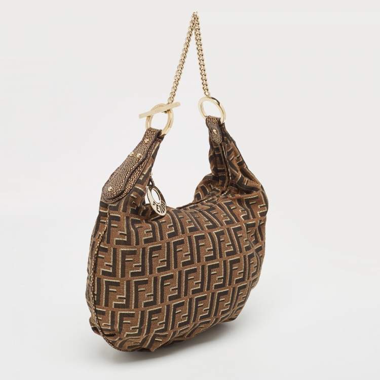 Pre Owned Fendi Tobacco/Gold Zucca Canvas and Textured Leather Chef Chain Link Hobo