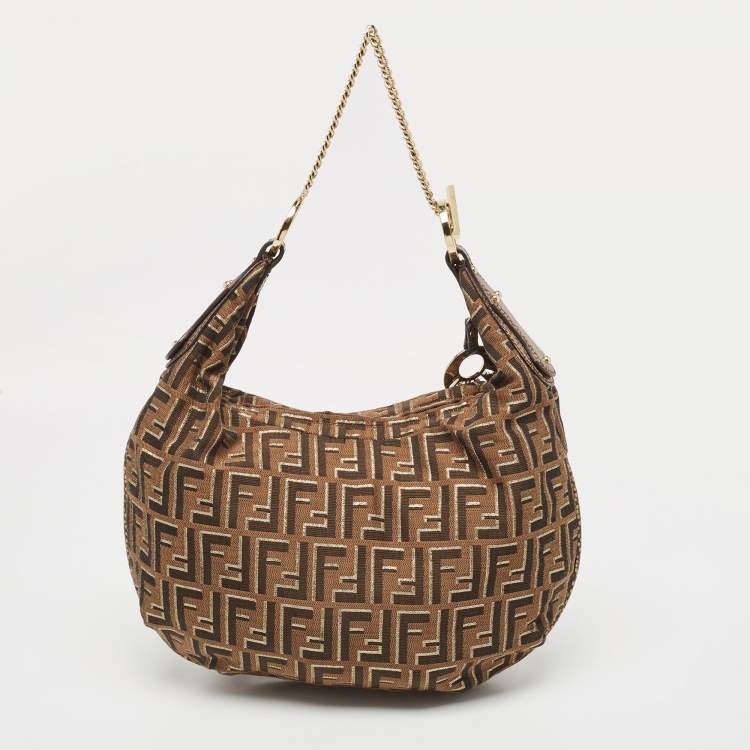 Pre Owned Fendi Tobacco/Gold Zucca Canvas and Textured Leather Chef Chain Link Hobo