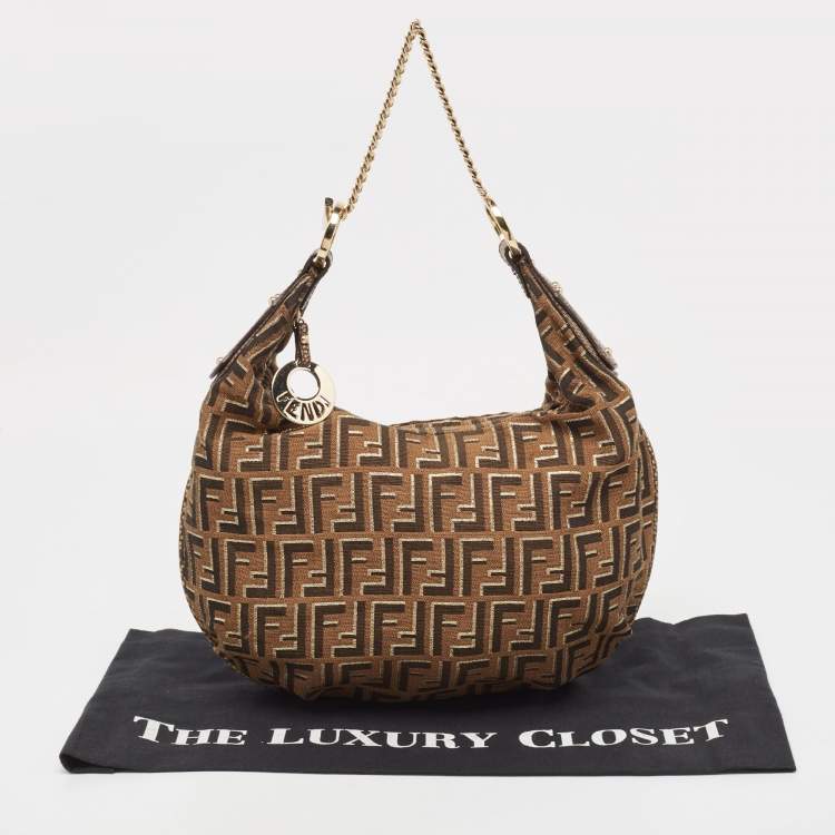 Pre Owned Fendi Tobacco/Gold Zucca Canvas and Textured Leather Chef Chain Link Hobo