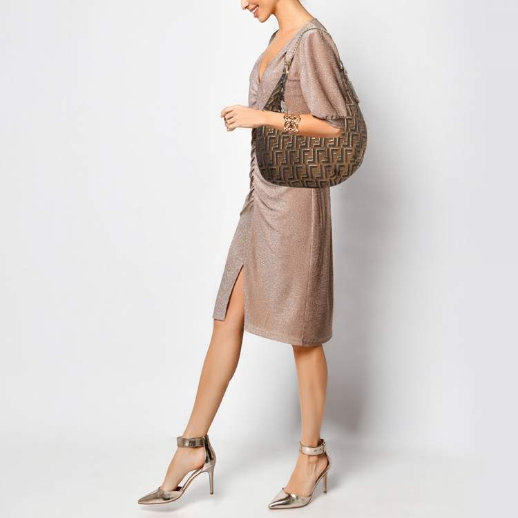 Pre Owned Fendi Tobacco/Gold Zucca Canvas and Textured Leather Chef Chain Link Hobo