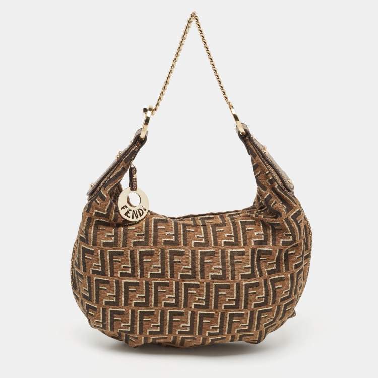 Pre Owned Fendi Tobacco/Gold Zucca Canvas and Textured Leather Chef Chain Link Hobo