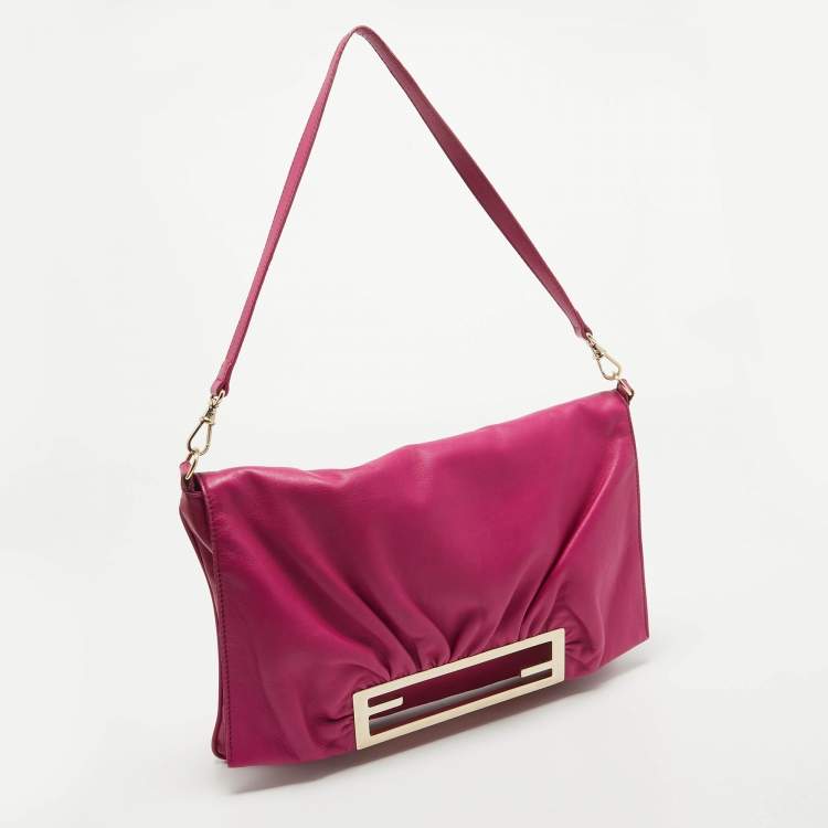Pre Owned Fendi Fuchsia Leather Flap Shoulder Bag