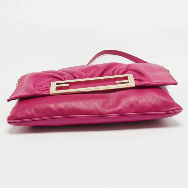 Pre Owned Fendi Fuchsia Leather Flap Shoulder Bag