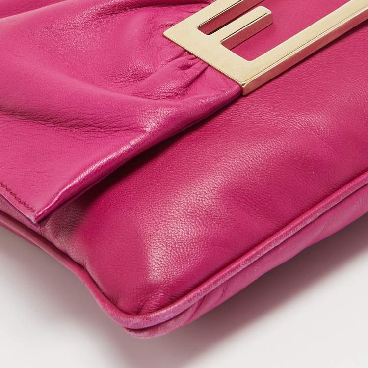 Pre Owned Fendi Fuchsia Leather Flap Shoulder Bag