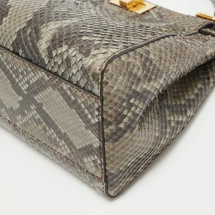 Pre Owned Fendi Black/Pale Green Python Mini Peekaboo Top Handle Bag