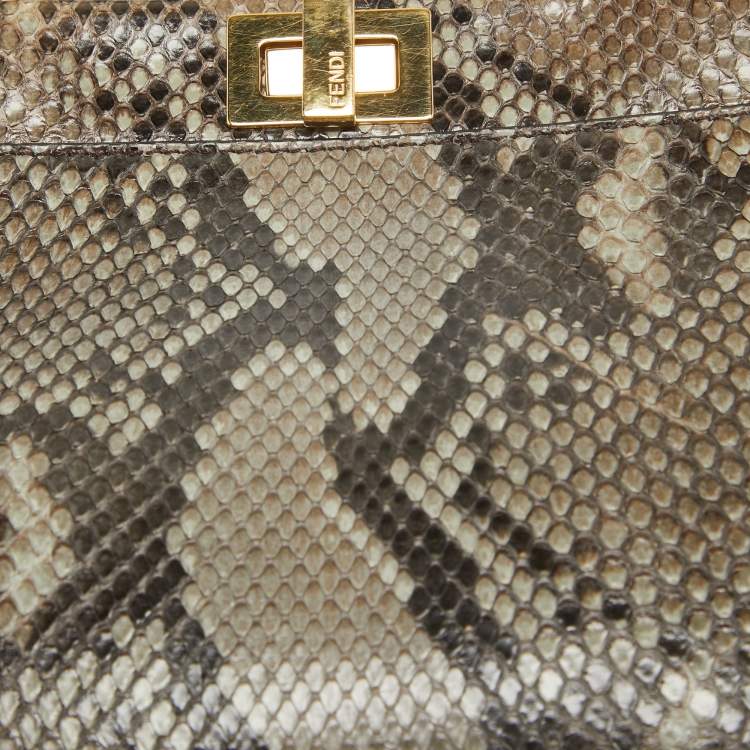 Pre Owned Fendi Black/Pale Green Python Mini Peekaboo Top Handle Bag