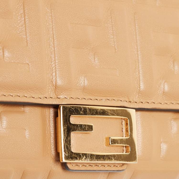 Pre Owned Fendi Beige Zucca Embossed Leather Baguette Wallet on Chain