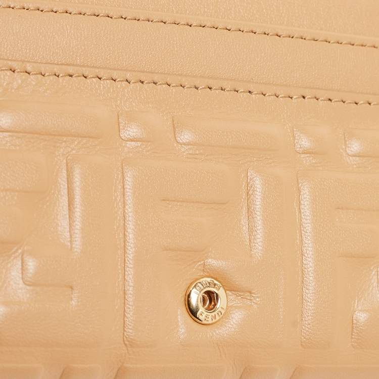 Pre Owned Fendi Beige Zucca Embossed Leather Baguette Wallet on Chain