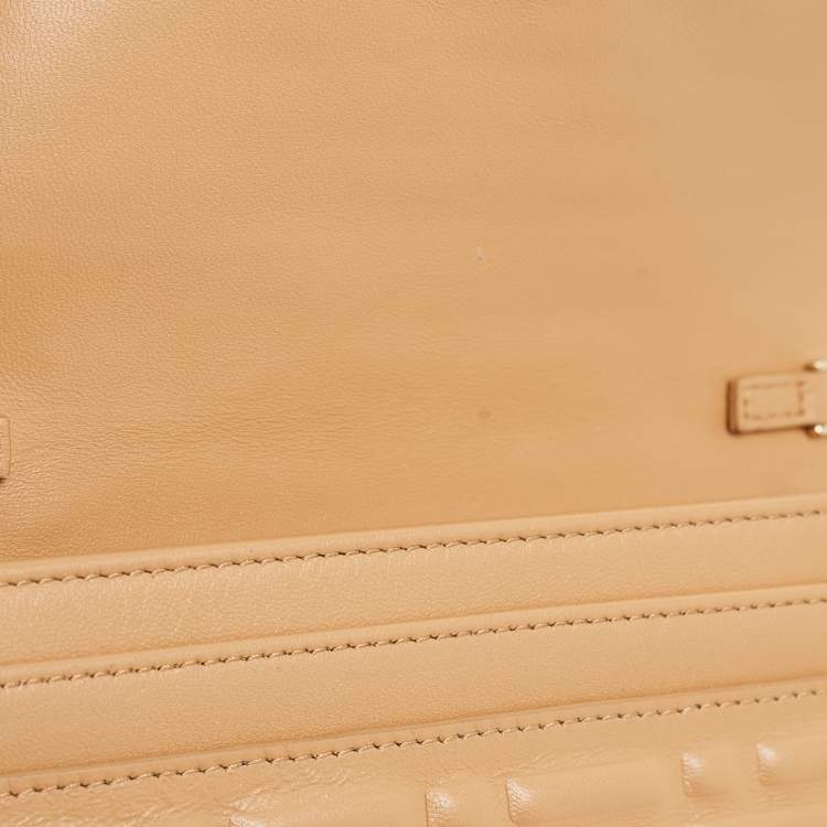 Pre Owned Fendi Beige Zucca Embossed Leather Baguette Wallet on Chain