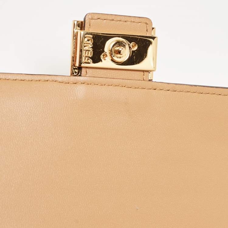 Pre Owned Fendi Beige Zucca Embossed Leather Baguette Wallet on Chain