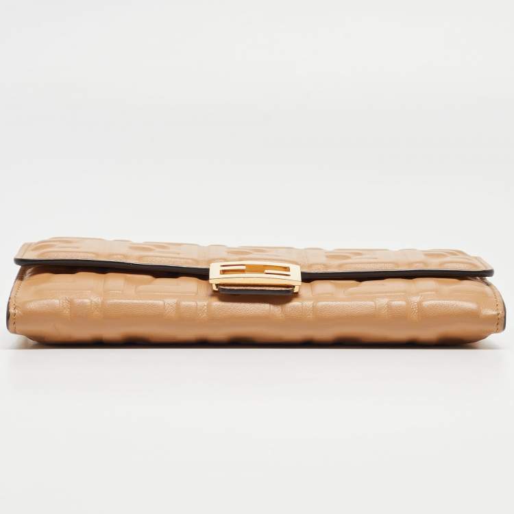 Pre Owned Fendi Beige Zucca Embossed Leather Baguette Wallet on Chain