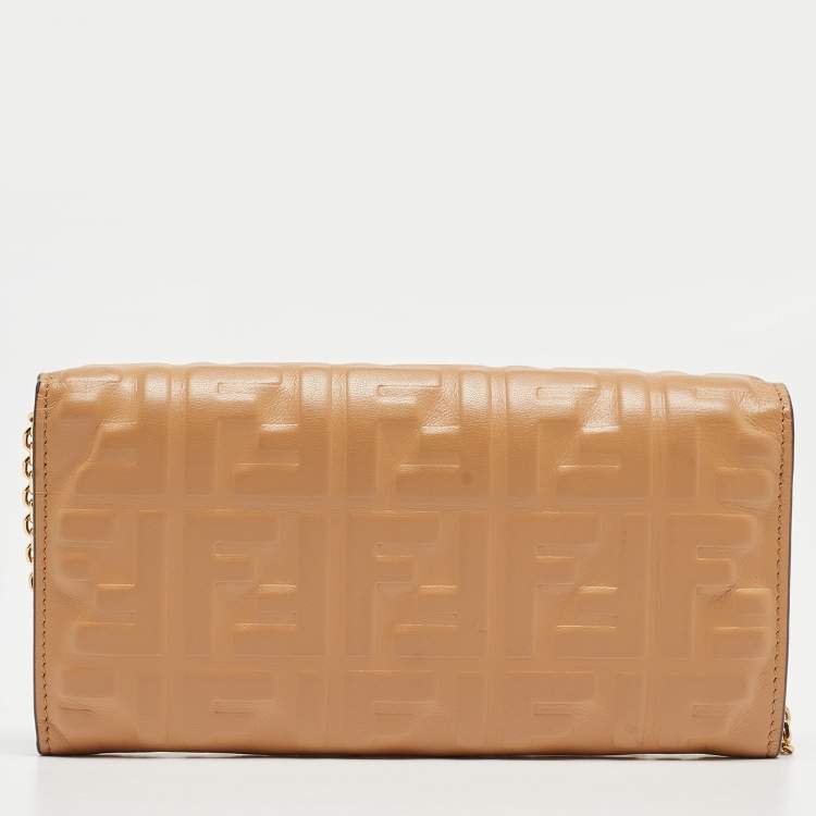 Pre Owned Fendi Beige Zucca Embossed Leather Baguette Wallet on Chain