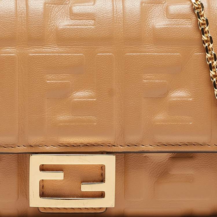 Pre Owned Fendi Beige Zucca Embossed Leather Baguette Wallet on Chain