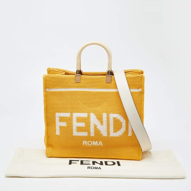 Pre Owned Fendi Yellow/White Crochet and Leather Medium Sunshine Tote