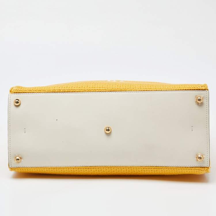 Pre Owned Fendi Yellow/White Crochet and Leather Medium Sunshine Tote
