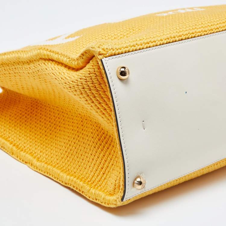Pre Owned Fendi Yellow/White Crochet and Leather Medium Sunshine Tote