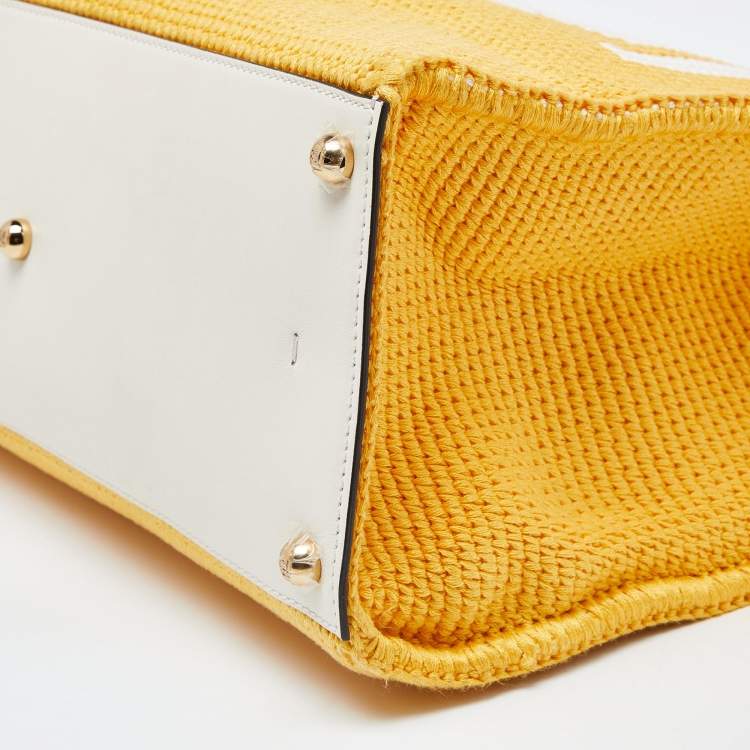 Pre Owned Fendi Yellow/White Crochet and Leather Medium Sunshine Tote
