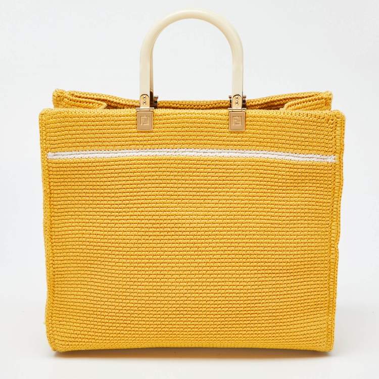 Pre Owned Fendi Yellow/White Crochet and Leather Medium Sunshine Tote