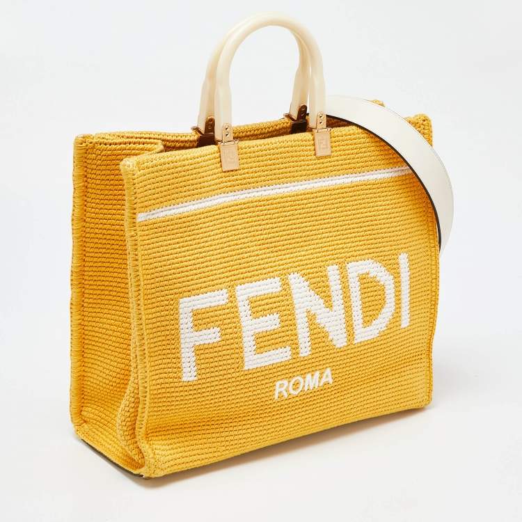 Pre Owned Fendi Yellow/White Crochet and Leather Medium Sunshine Tote