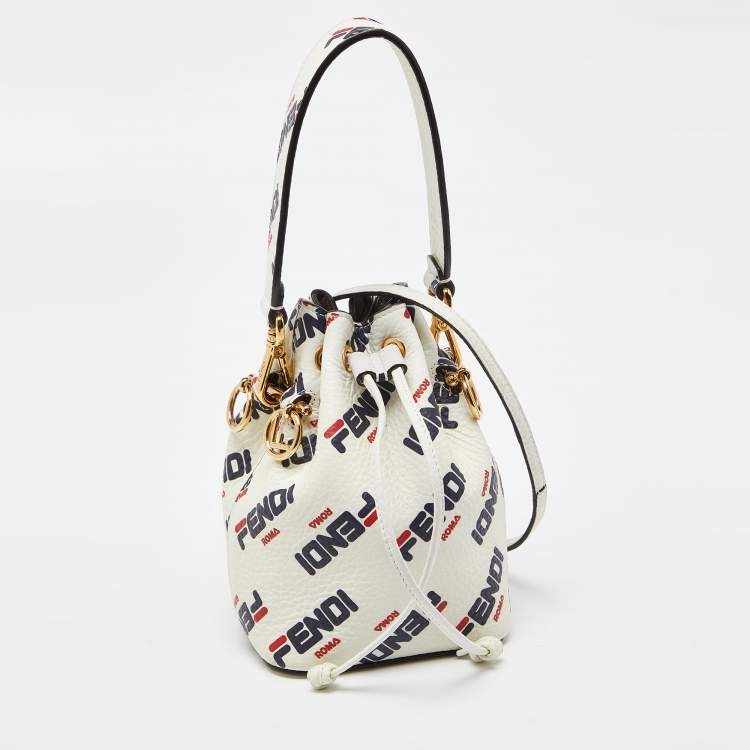 Pre Owned Fendi x Fila White Leather Mini Logo Mon Tresor Drawstring Bucket Bag