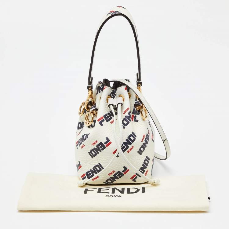Pre Owned Fendi x Fila White Leather Mini Logo Mon Tresor Drawstring Bucket Bag