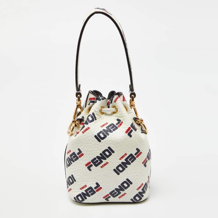 Pre Owned Fendi x Fila White Leather Mini Logo Mon Tresor Drawstring Bucket Bag