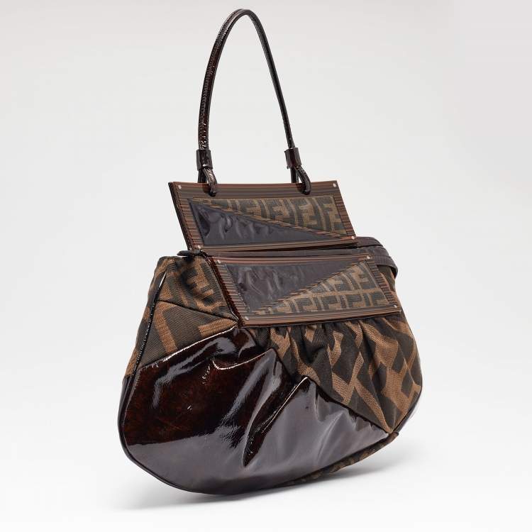 Pre Owned Fendi Tobacco Zucca Canvas and Patent Leather To You Convertible Clutch Bag