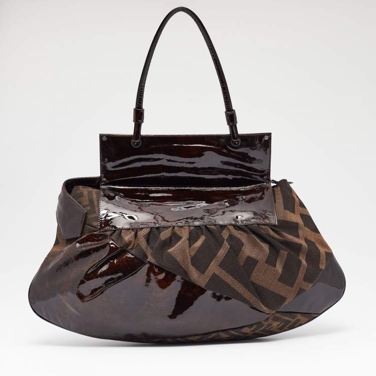 Pre Owned Fendi Tobacco Zucca Canvas and Patent Leather To You Convertible Clutch Bag