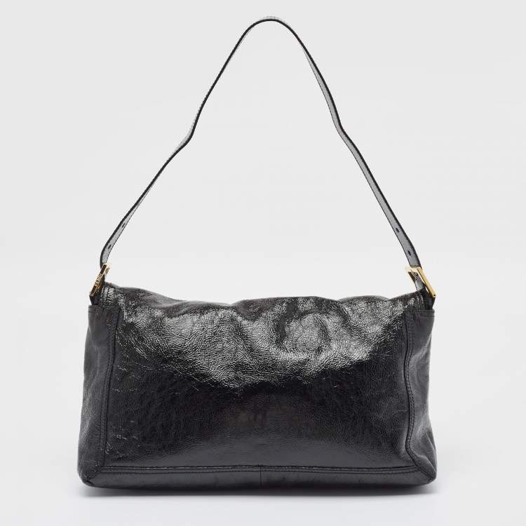Pre Owned Fendi Black Patent Leather Large Convertible Baguette Bag