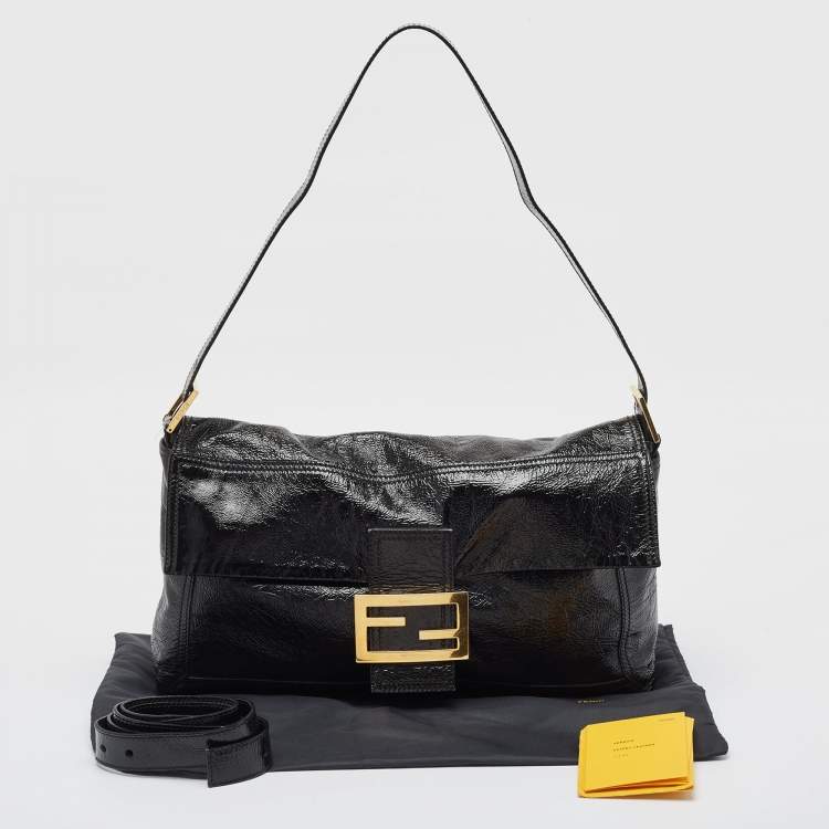 Pre Owned Fendi Black Patent Leather Large Convertible Baguette Bag
