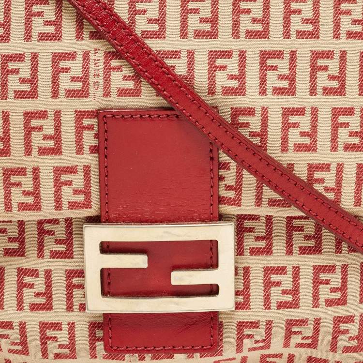 Pre Owned Fendi Red/Beige Zucchino Fabric and Leather Flap Messenger Bag