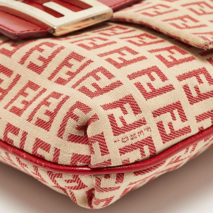 Pre Owned Fendi Red/Beige Zucchino Fabric and Leather Flap Messenger Bag
