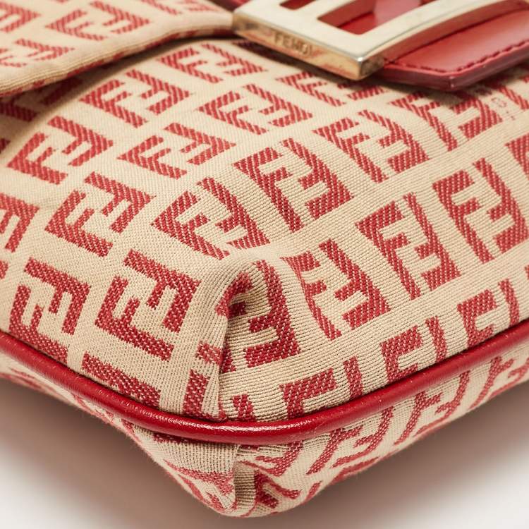 Pre Owned Fendi Red/Beige Zucchino Fabric and Leather Flap Messenger Bag