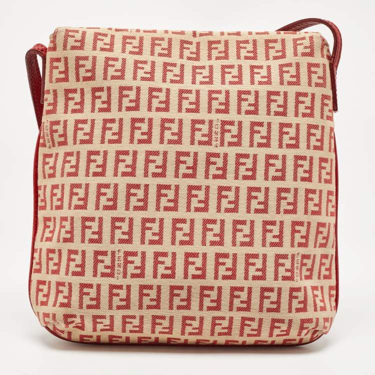 Pre Owned Fendi Red/Beige Zucchino Fabric and Leather Flap Messenger Bag
