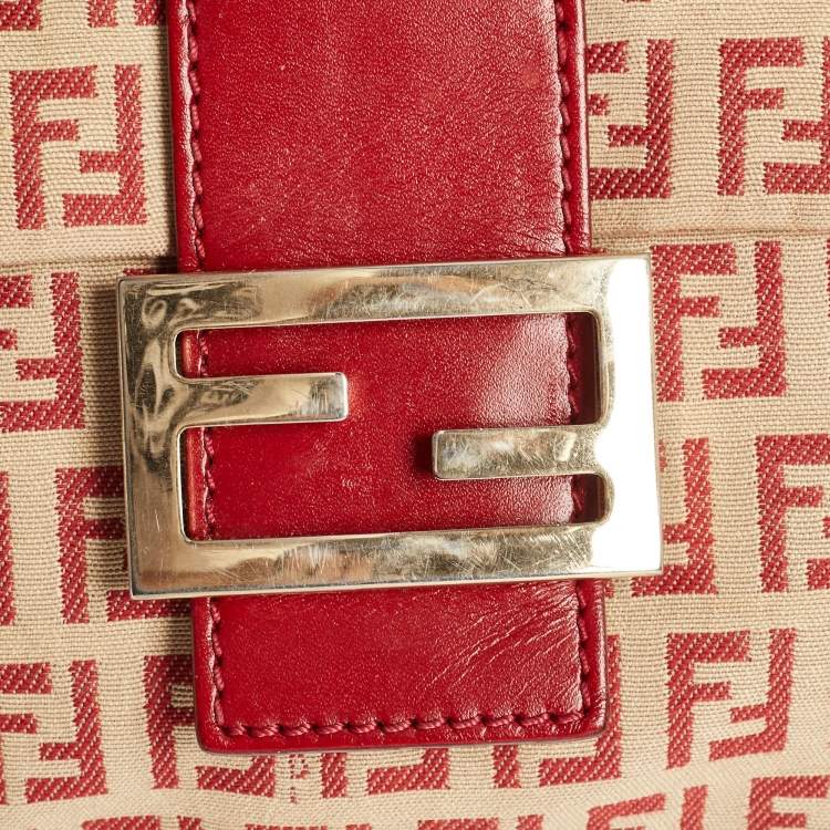 Pre Owned Fendi Red/Beige Zucchino Fabric and Leather Flap Messenger Bag
