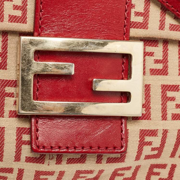 Pre Owned Fendi Red/Beige Zucchino Fabric and Leather Flap Messenger Bag