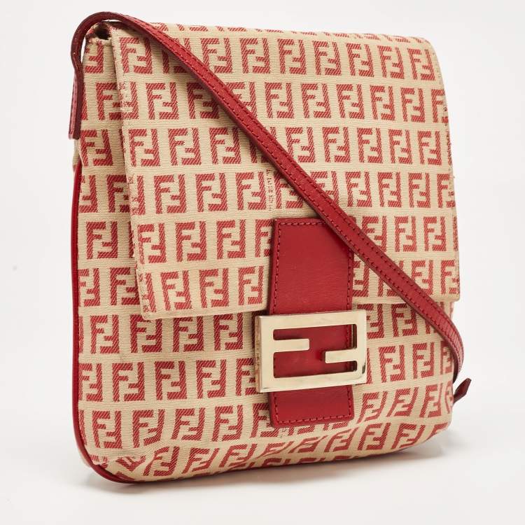 Pre Owned Fendi Red/Beige Zucchino Fabric and Leather Flap Messenger Bag