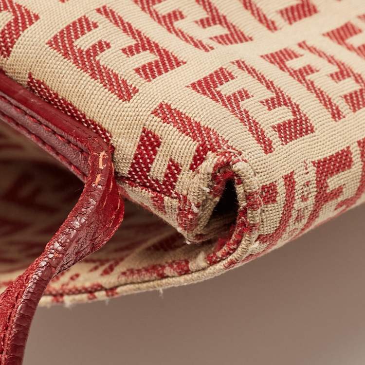 Pre Owned Fendi Red/Beige Zucchino Fabric and Leather Flap Messenger Bag
