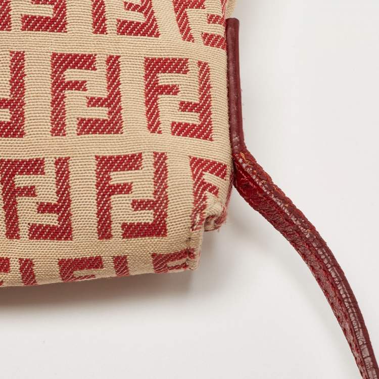 Pre Owned Fendi Red/Beige Zucchino Fabric and Leather Flap Messenger Bag