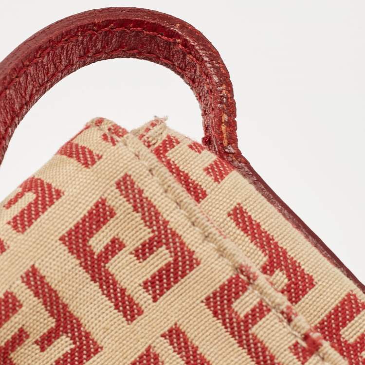 Pre Owned Fendi Red/Beige Zucchino Fabric and Leather Flap Messenger Bag