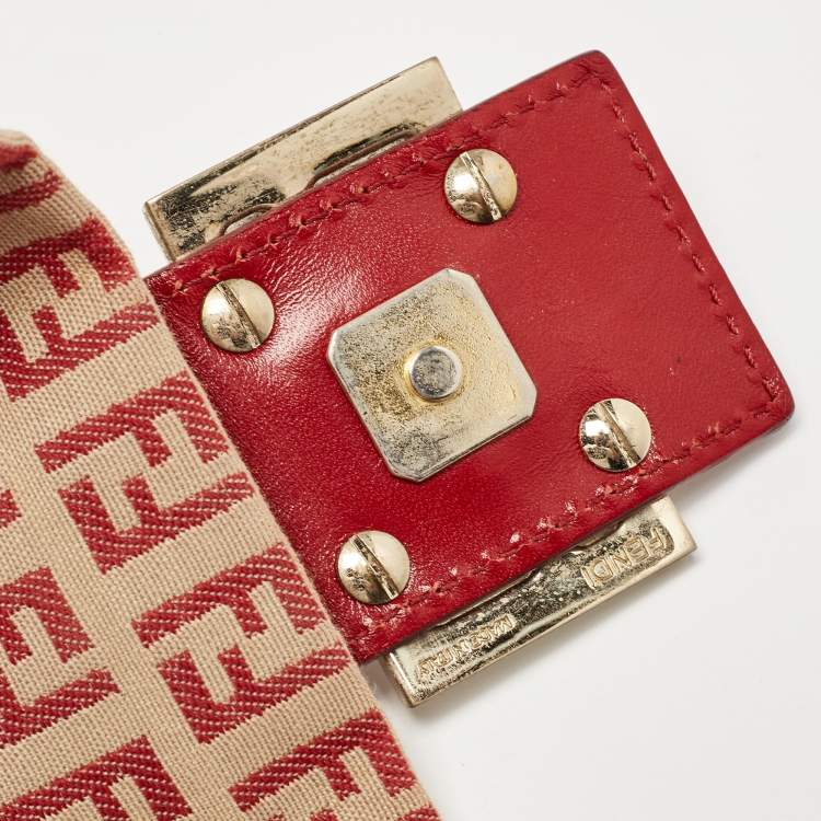 Pre Owned Fendi Red/Beige Zucchino Fabric and Leather Flap Messenger Bag